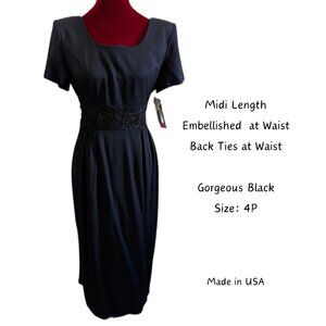 NWT John Roberts Petite Women's VTG Black Midi Braided-Piping-Waistline Dress 4P